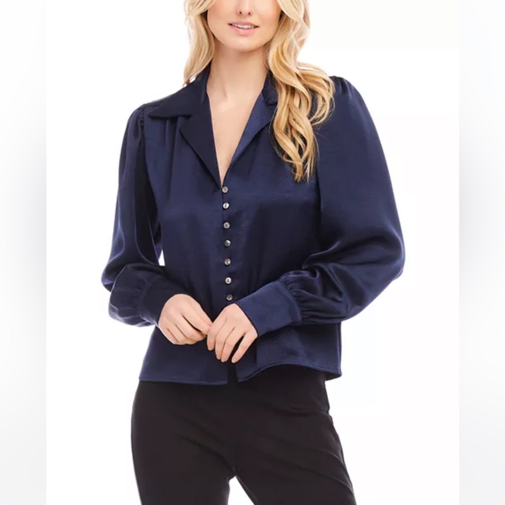 Karen Kane Shirred Navy Button Front Blouse Long Sleeve Size M NWT